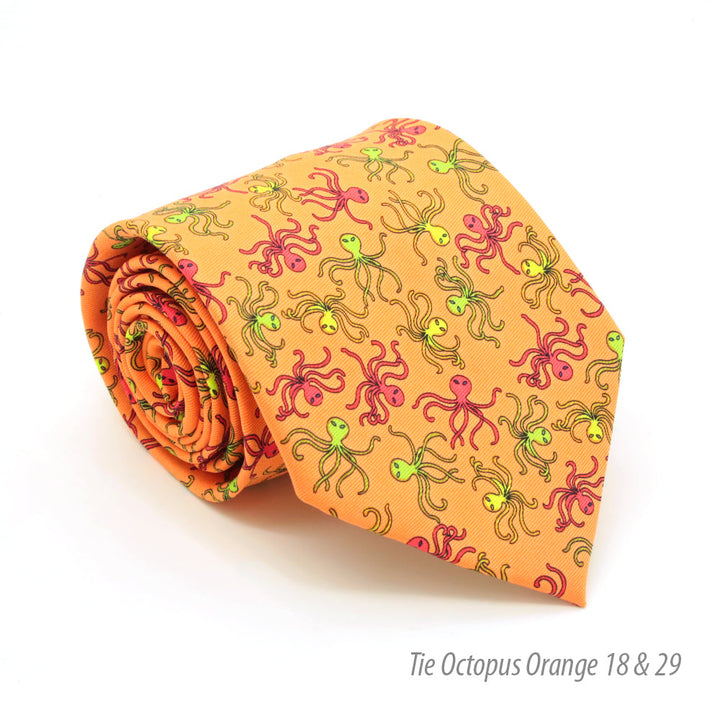 Octopus Orange Necktie with Handkerchief Set - FHYINC best men&