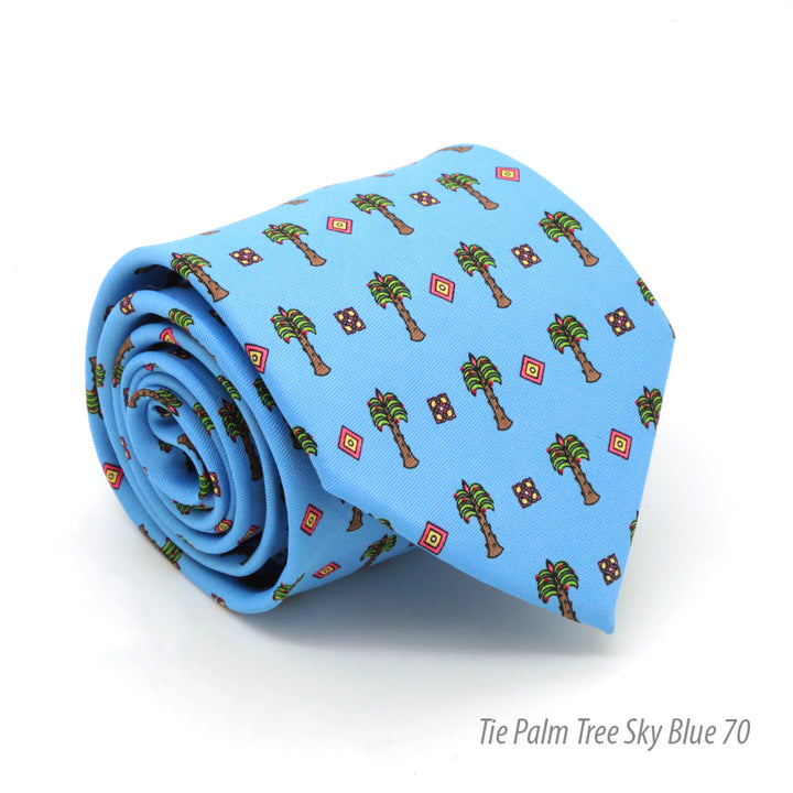 Palm Tree Sky Blue Necktie with Handkerchief Set - FHYINC best men&