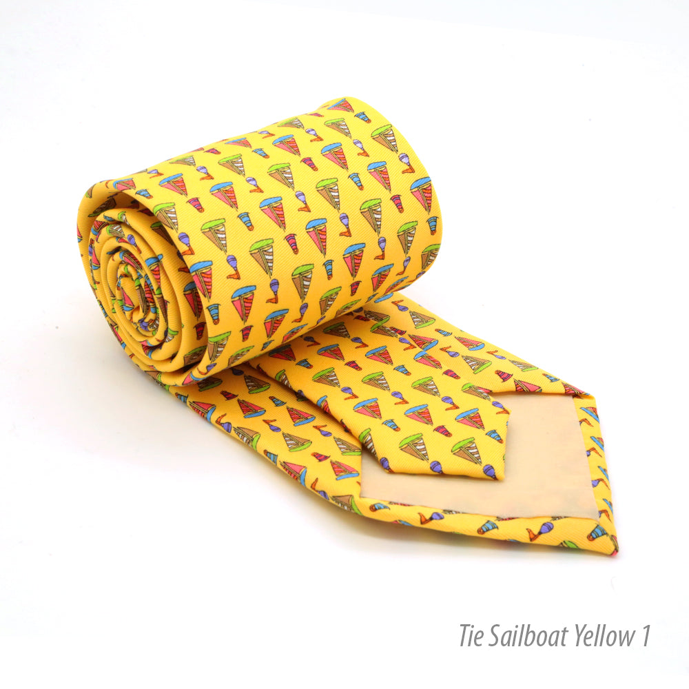 Sailboat Yellow Necktie with Handkerchief Set - FHYINC best men&