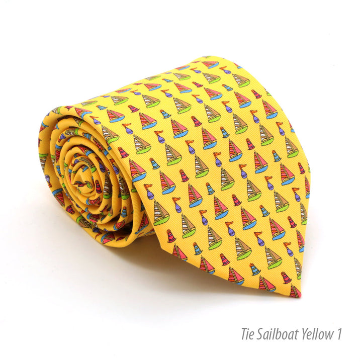 Sailboat Yellow Necktie with Handkerchief Set - FHYINC best men&