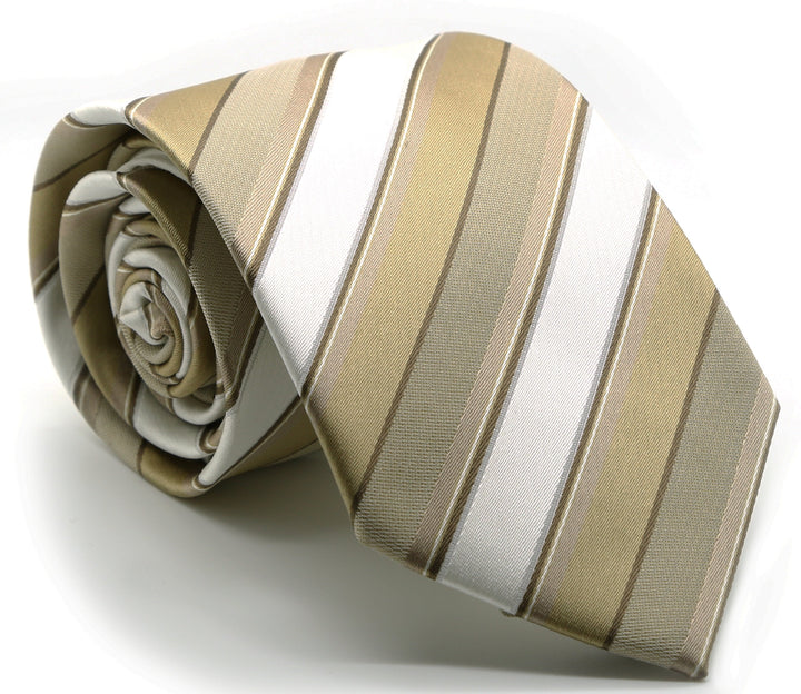 Mens Dads Classic Beige Striped Pattern Business Casual Necktie &amp; Hanky Set U-7 - FHYINC best men&