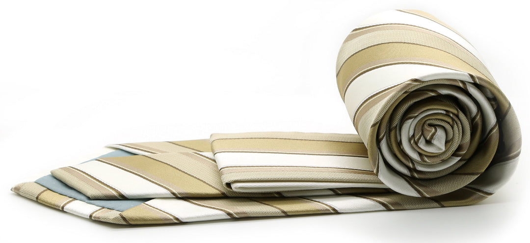 Mens Dads Classic Beige Striped Pattern Business Casual Necktie &amp; Hanky Set U-7 - FHYINC best men&