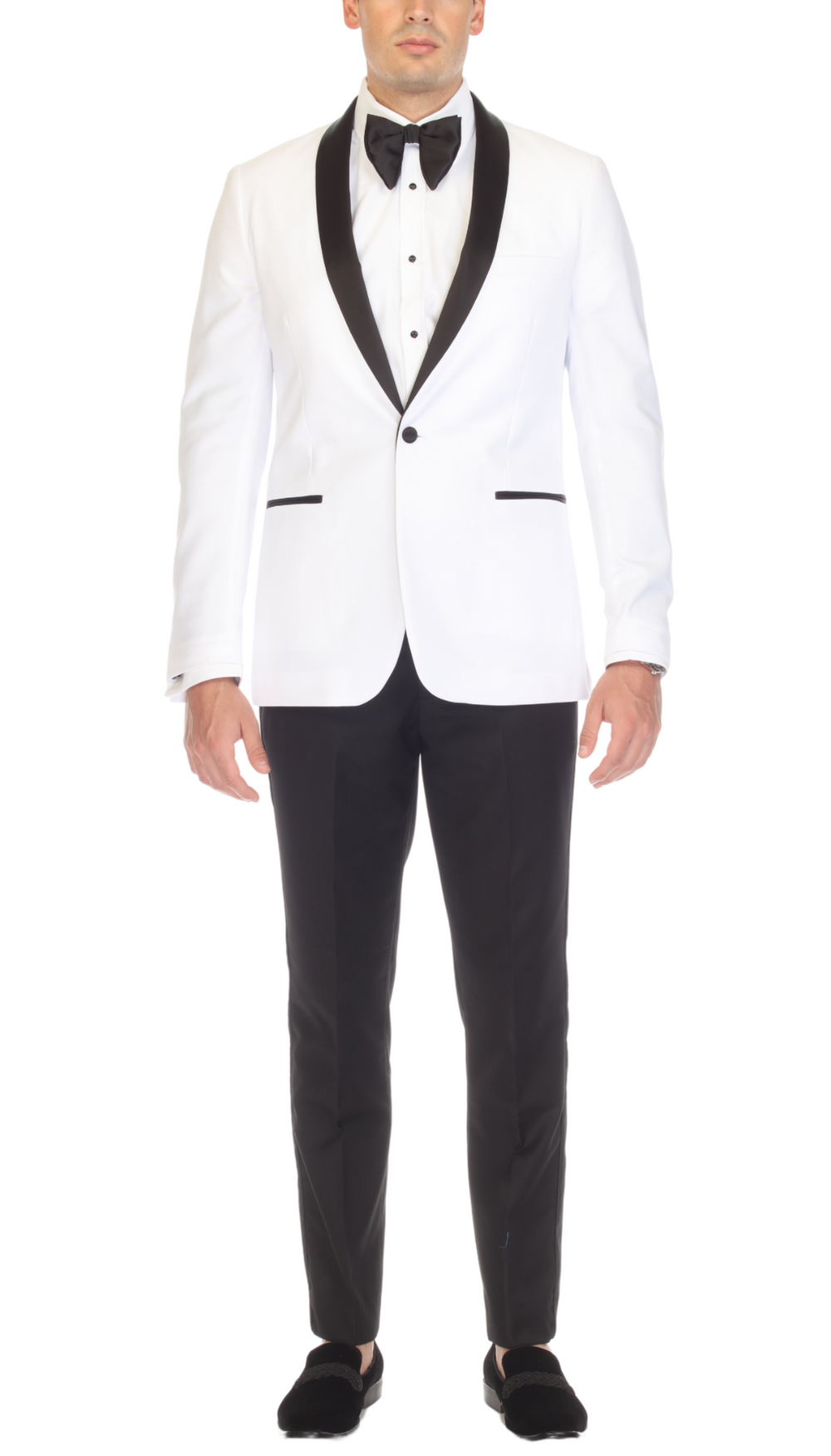 Ferrecci Reno White/Black Slim Fit Shawl Lapel 2 Piece Tuxedo Suit Set — front view