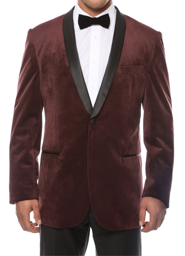Enzo Burgundy Velvet Slim Fit Shawl Lapel Tuxedo Men&