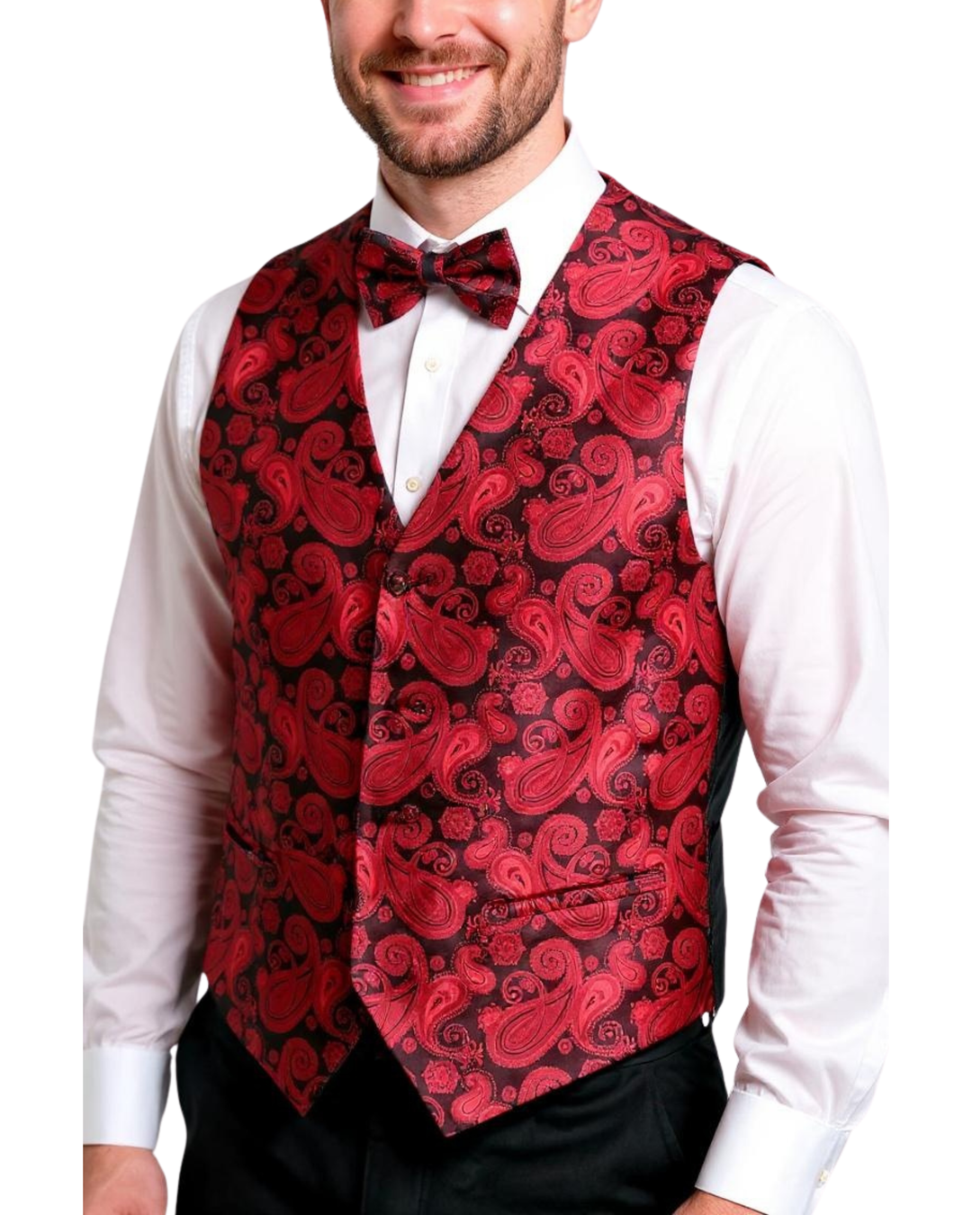 Ferrecci Mens PV350 - Red/Black Paisley with Black Back Adjustable Vest Set 4XL Ferrecci Mens PV350 - Red/Black Paisley with Black Back Adjustable Vest Set 4XL