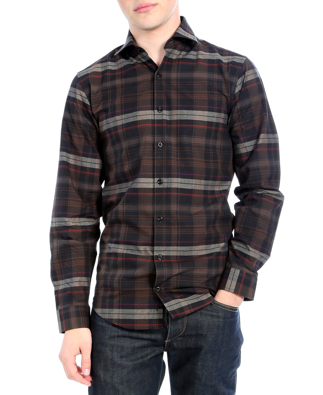 Brown Plaid Slim Fit Casual Shirt - Vale Med. Neck 15-15.5 Sleeve 34-35 Brown Plaid Slim Fit Casual Shirt - Vale Med. Neck 15-15.5 Sleeve 34-35