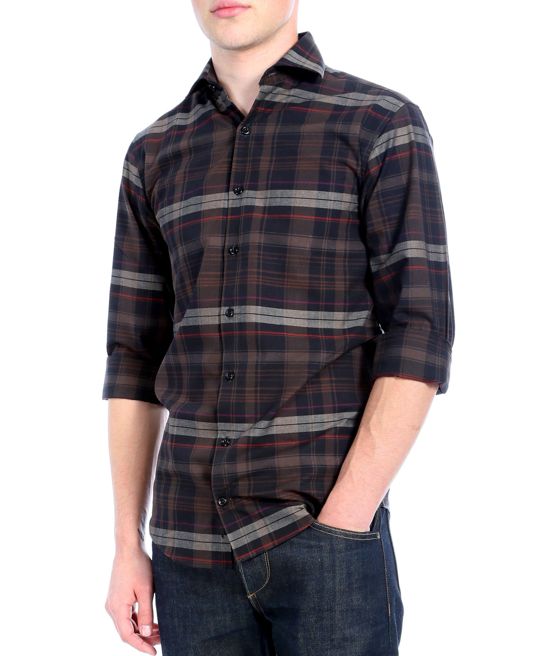 Brown Plaid Slim Fit Casual Shirt - Vale - FHYINC best men&