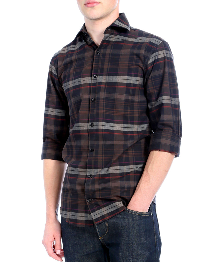 Brown Plaid Slim Fit Casual Shirt - Vale - FHYINC best men&