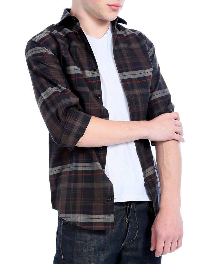 Brown Plaid Slim Fit Casual Shirt - Vale - FHYINC best men&