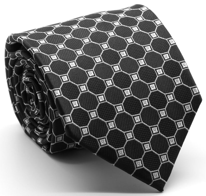 Mens Dads Classic Black Geometric Pattern Business Casual Necktie &amp; Hanky Set W-1 - FHYINC best men&