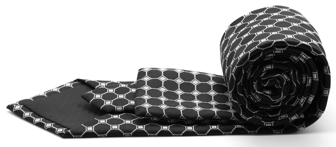 Mens Dads Classic Black Geometric Pattern Business Casual Necktie &amp; Hanky Set W-1 - FHYINC best men&