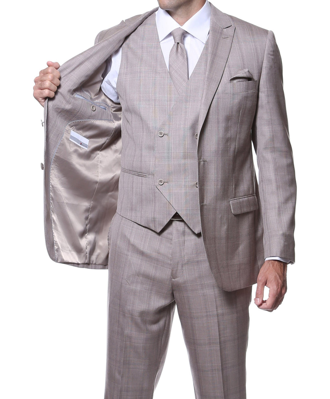 Zillo Sierra Tan 3pc Vested Slim Fit Plaid Suit - FHYINC best men&
