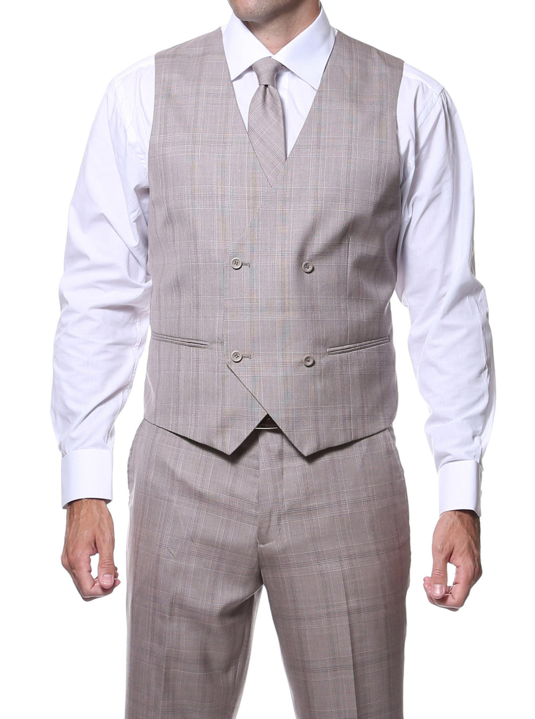Zillo Sierra Tan 3pc Vested Slim Fit Plaid Suit - FHYINC best men&