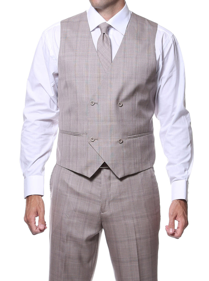 Zillo Sierra Tan 3pc Vested Slim Fit Plaid Suit - FHYINC best men&