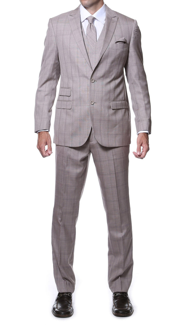 Zillo Sierra Tan 3pc Vested Slim Fit Plaid Suit