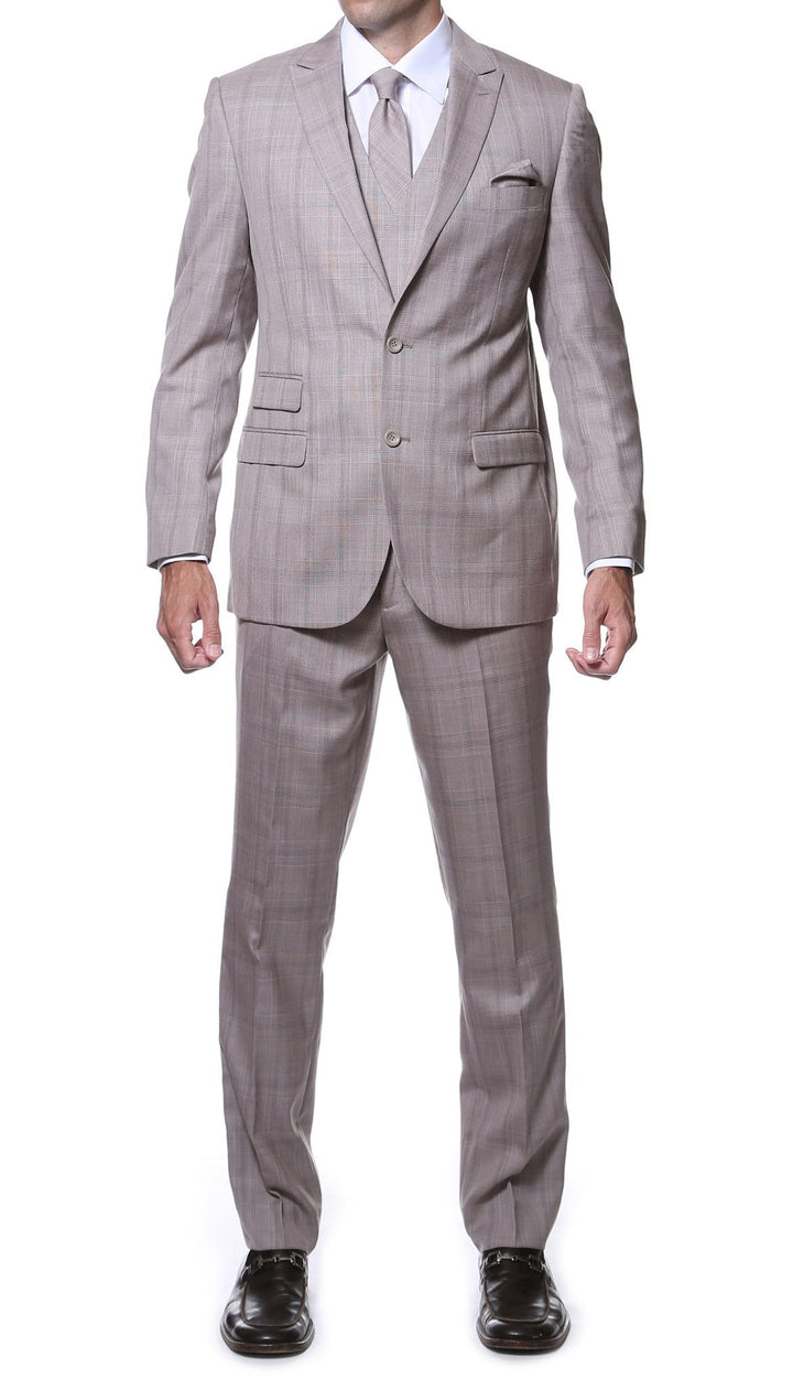 Zillo Sierra Tan 3pc Vested Slim Fit Plaid Suit - FHYINC best men&