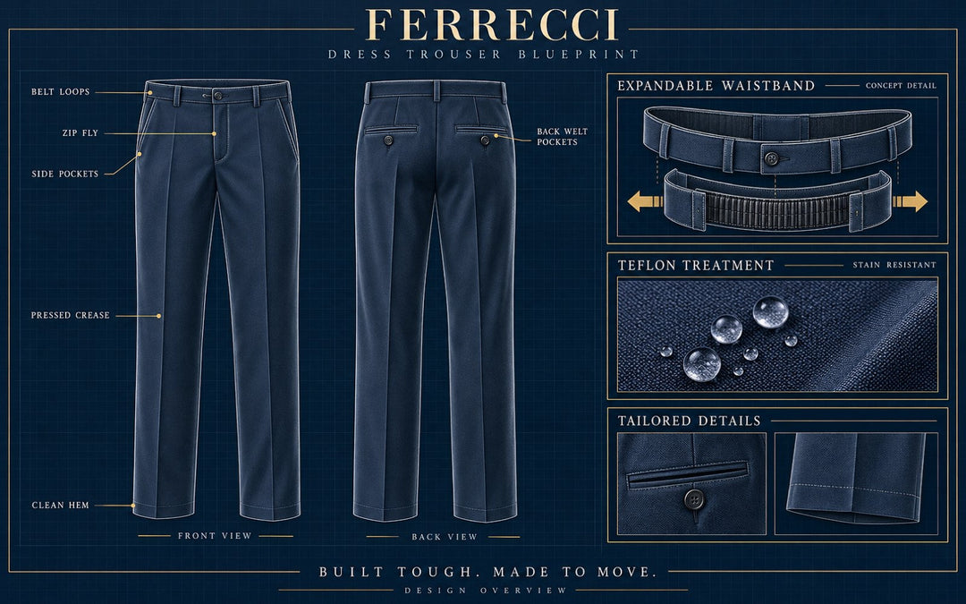 Ferrecci Ben dress pants construction blueprint — expandable waistband, flat front, wool blend details