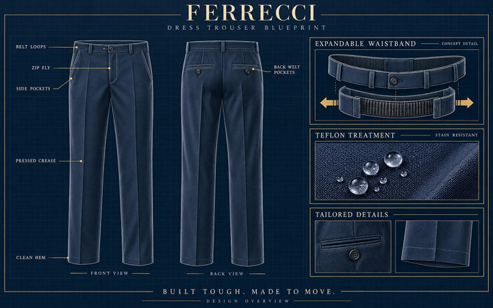 Ferrecci Ben dress pants construction blueprint — expandable waistband, flat front, wool blend details