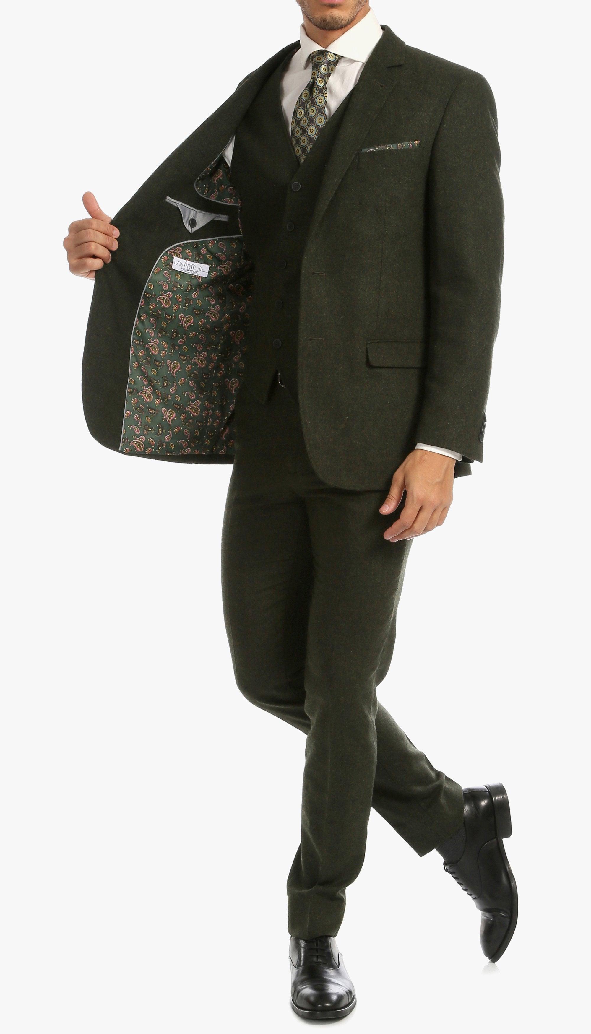Men's Plaid Wool Blend Tweed 3-Piece Suit - Slim Fit, Green, For Wedding Or Party - View #12