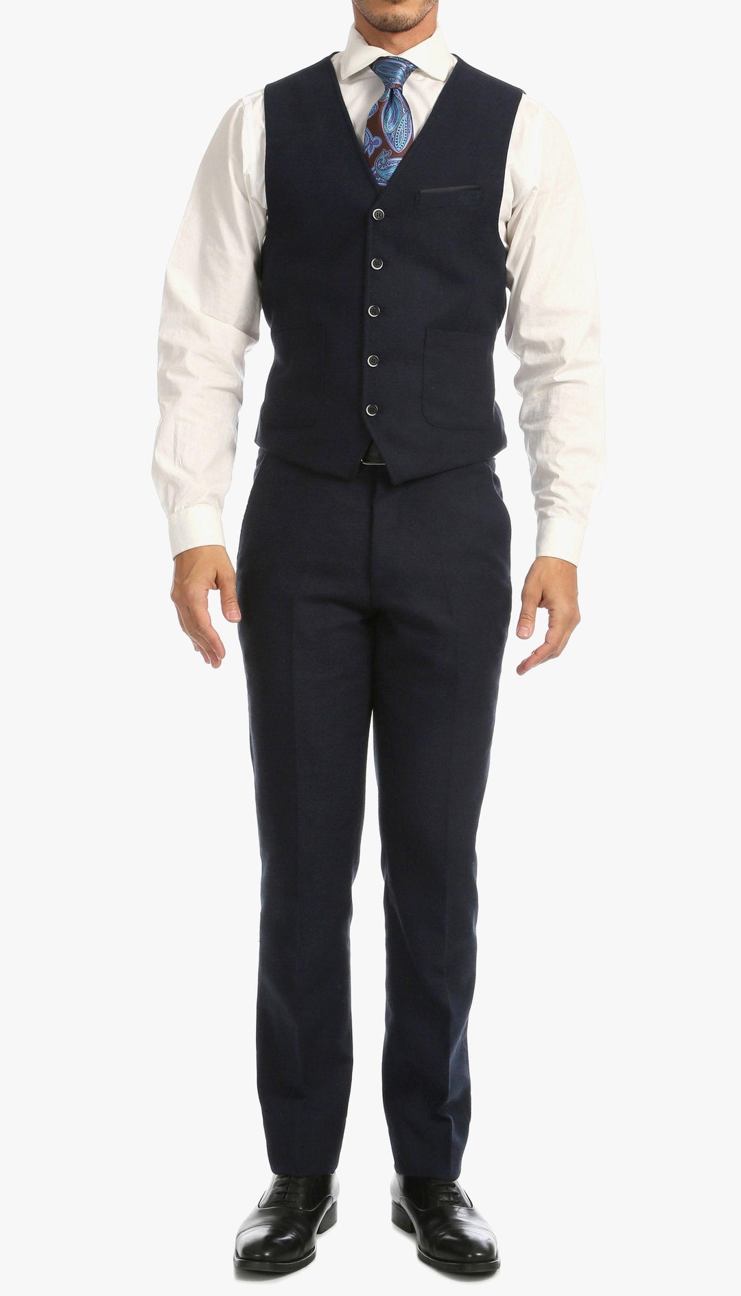 Bradford Navy Tweed With Slim Fit Suit With Five Button Vest - Ferrecci USA 
