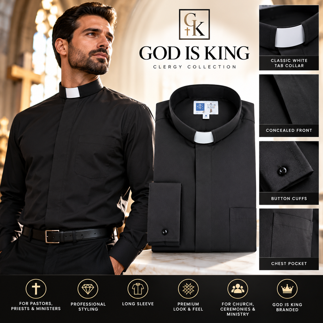 God Is King men's black clergy shirt with white tab collar, concealed front, button cuffs and chest pocket