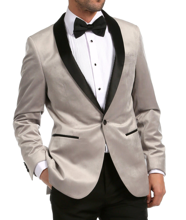 Enzo Light Grey Velvet Slim Fit Shawl Lapel Tuxedo Men&