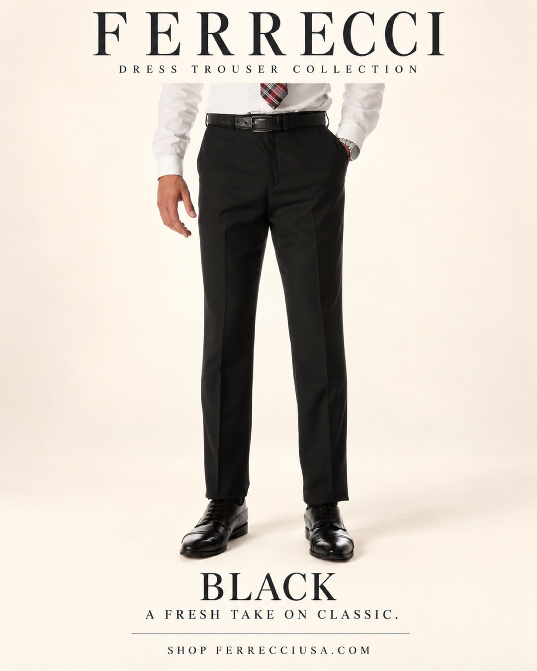 Ferrecci Ben black dress pants — features catalog: flat front, expandable waistband, easy care