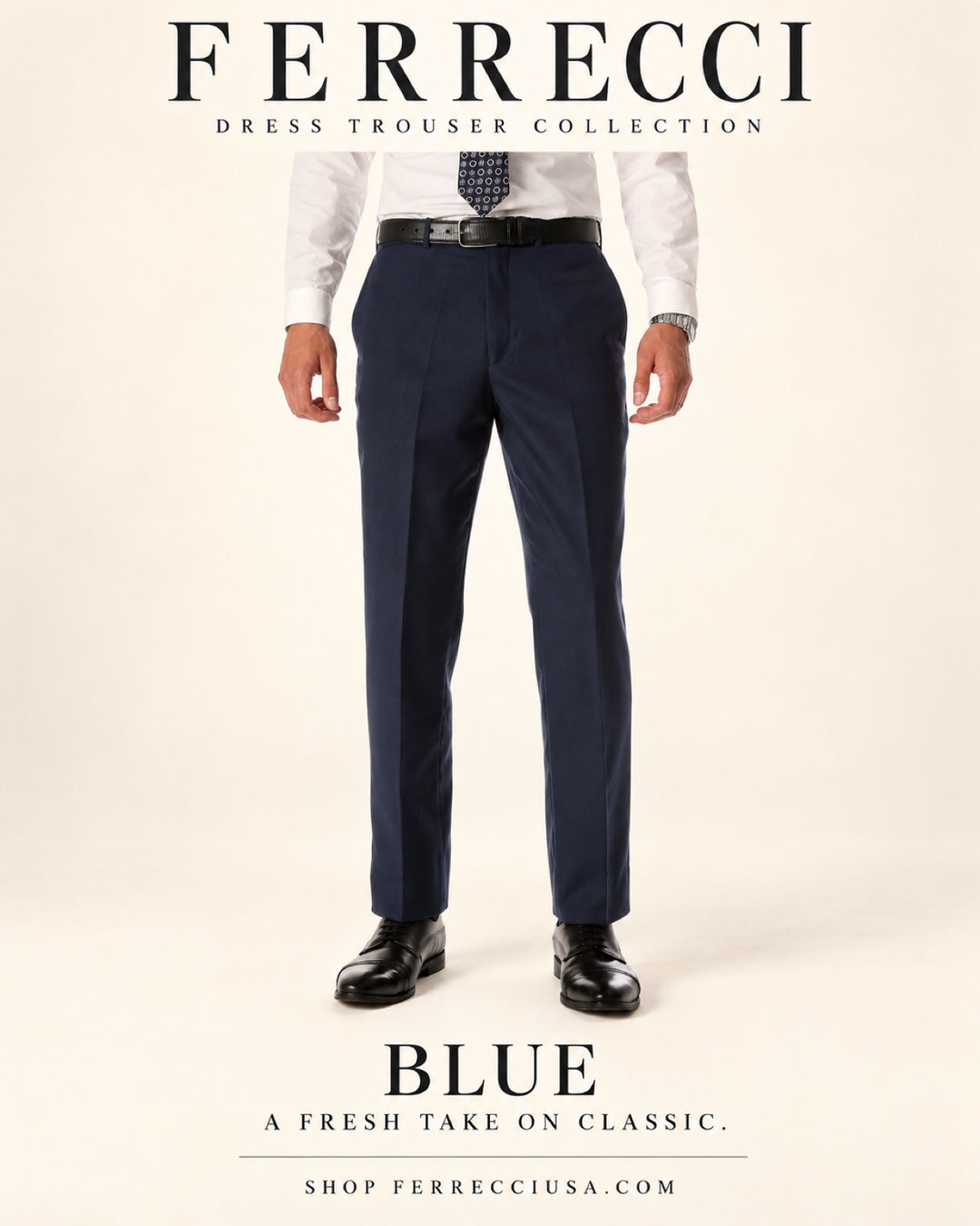 Ferrecci Ben blue dress pants — features catalog: flat front, expandable waistband, easy care