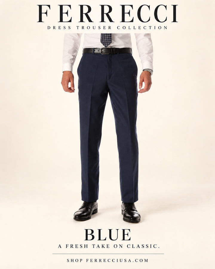 Ferrecci Ben blue dress pants — features catalog: flat front, expandable waistband, easy care