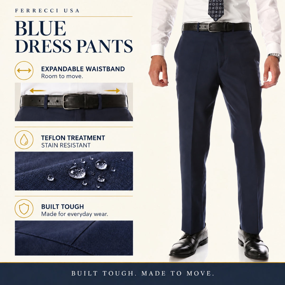 Ferrecci Ben blue dress pants — stain-resistant Teflon finish