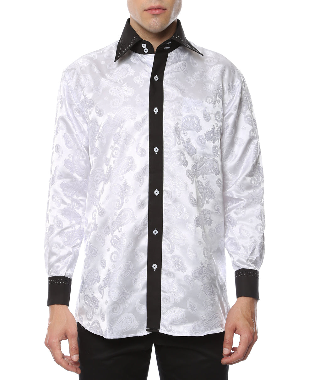 Ferrecci Hi-1003 men's white & black floral satin dress shirt with high collar and French cuffs