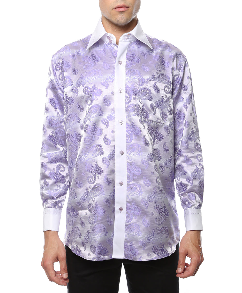 Ferrecci Hi-1016 men's purple & lilac paisley satin dress shirt with high collar and French cuffs