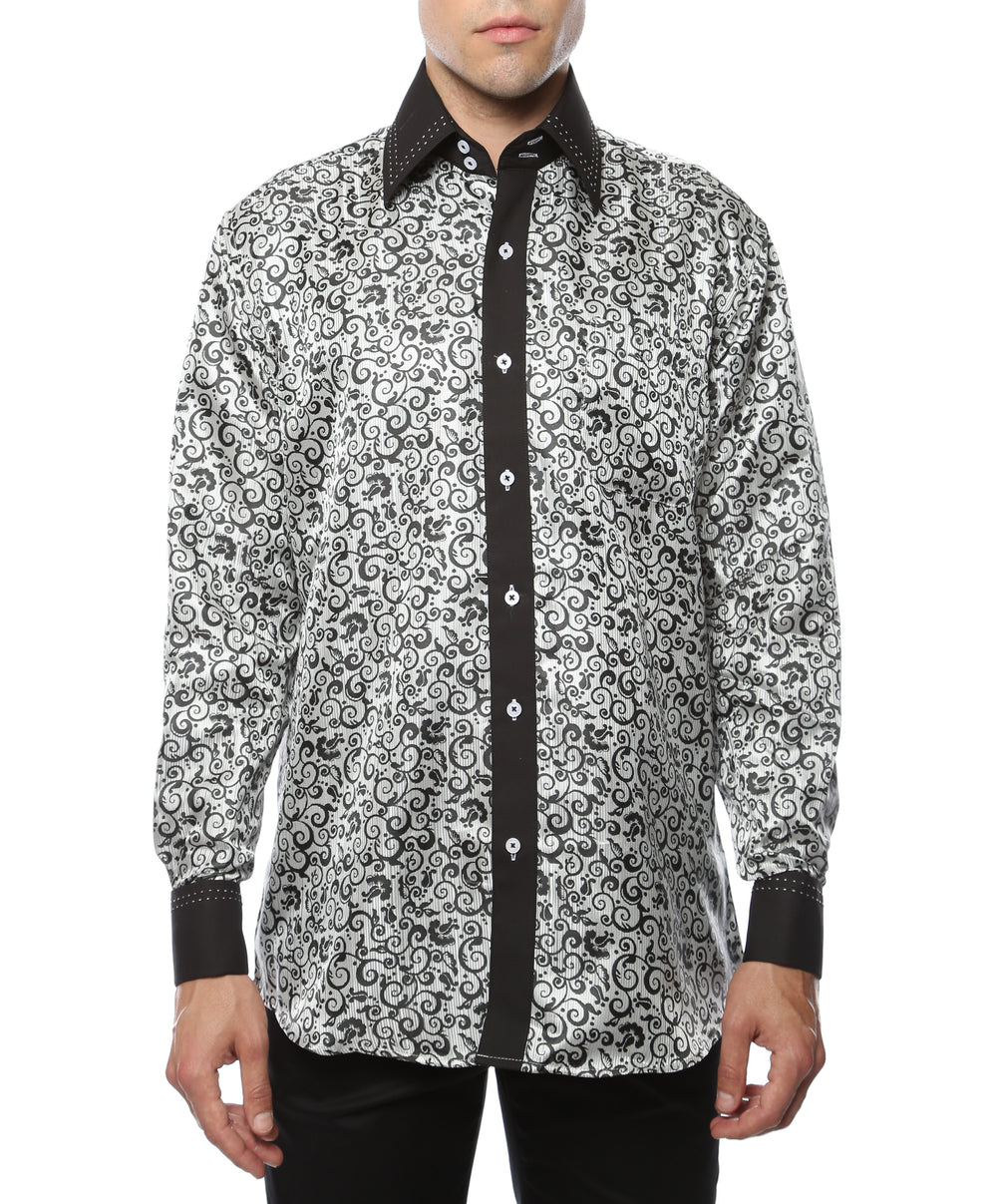 Ferrecci Hi-1021 men's black & white baroque scroll satin dress shirt with high collar and French cuffs