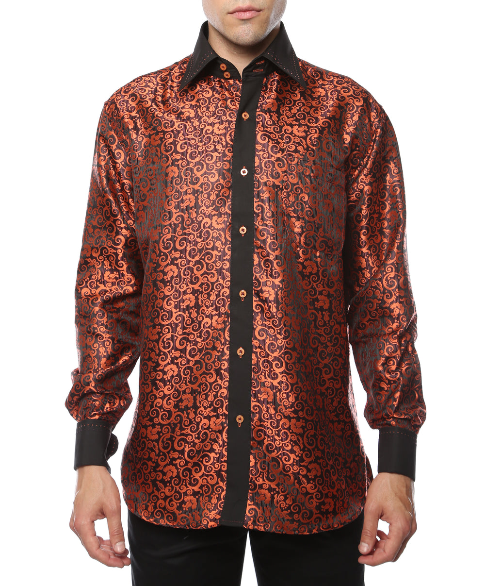 Ferrecci Hi-1024 men's black & orange baroque scroll satin dress shirt with high collar and French cuffs