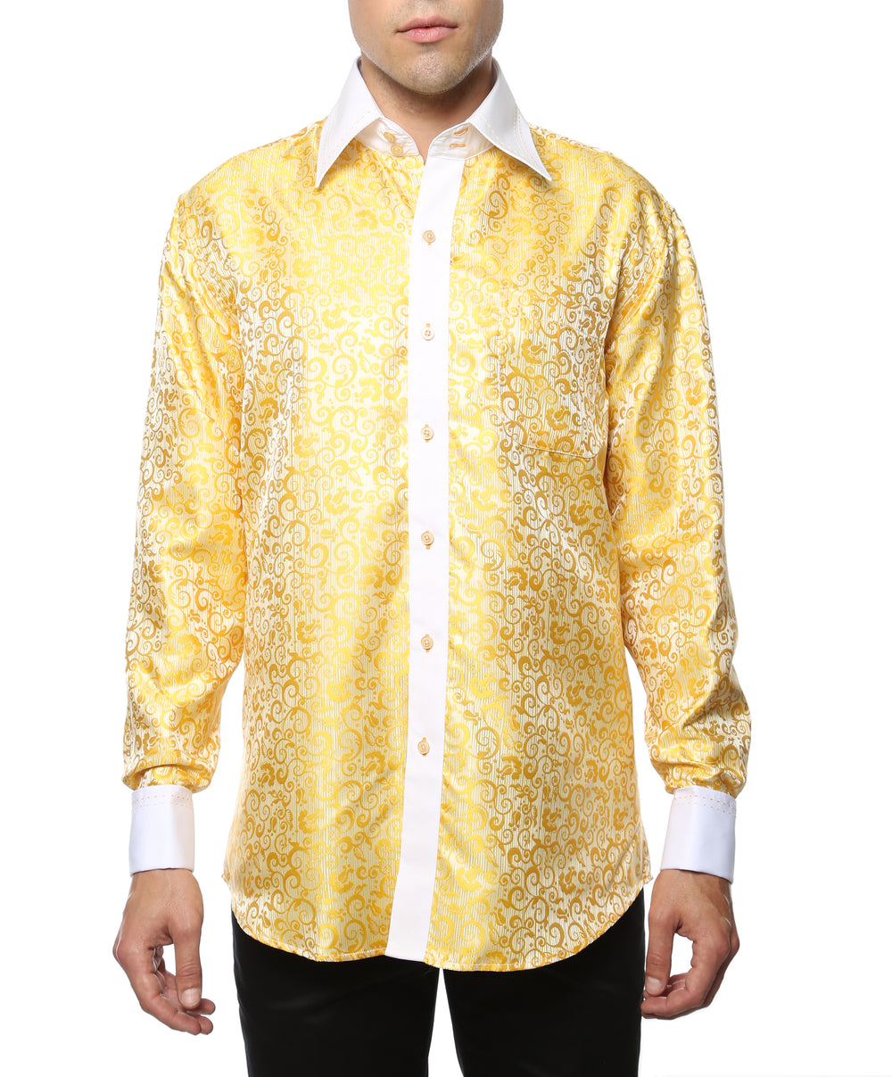 Ferrecci Hi-1026 men's yellow baroque scroll satin dress shirt with high collar and French cuffs