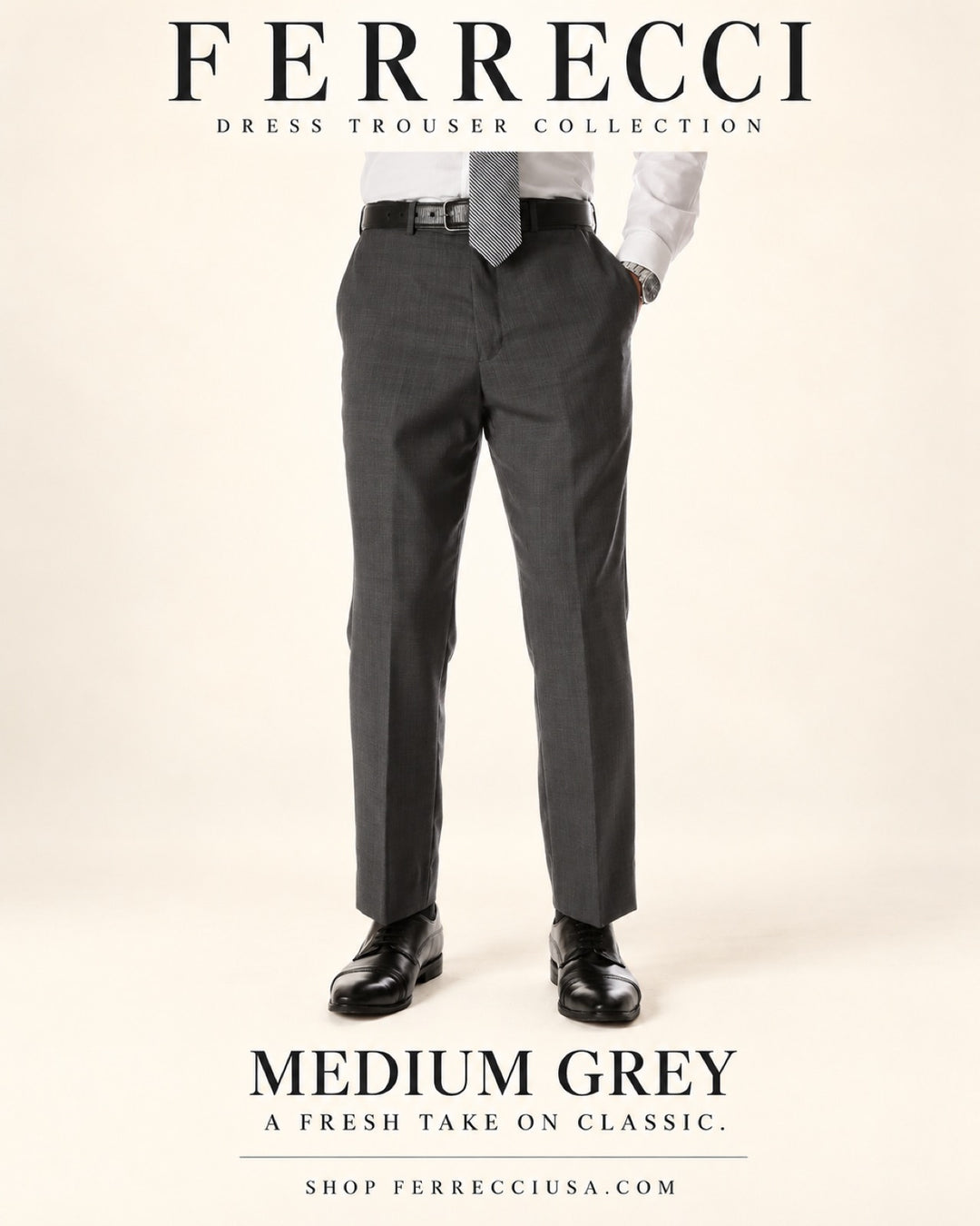 Ferrecci Ben medium grey dress pants — features catalog: flat front, expandable waistband, easy care