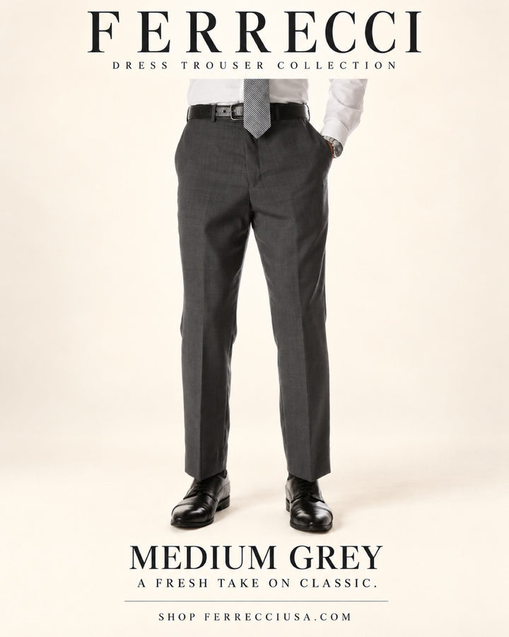 Ferrecci Ben medium grey dress pants — features catalog: flat front, expandable waistband, easy care