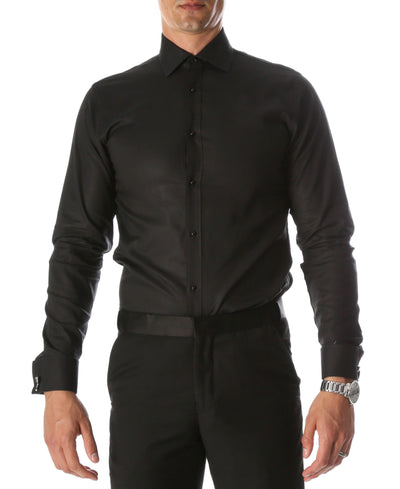Ferrecci Men's Black Venice Slim Fit Pique Lay Down Collar Shirt - Ferrecci USA 