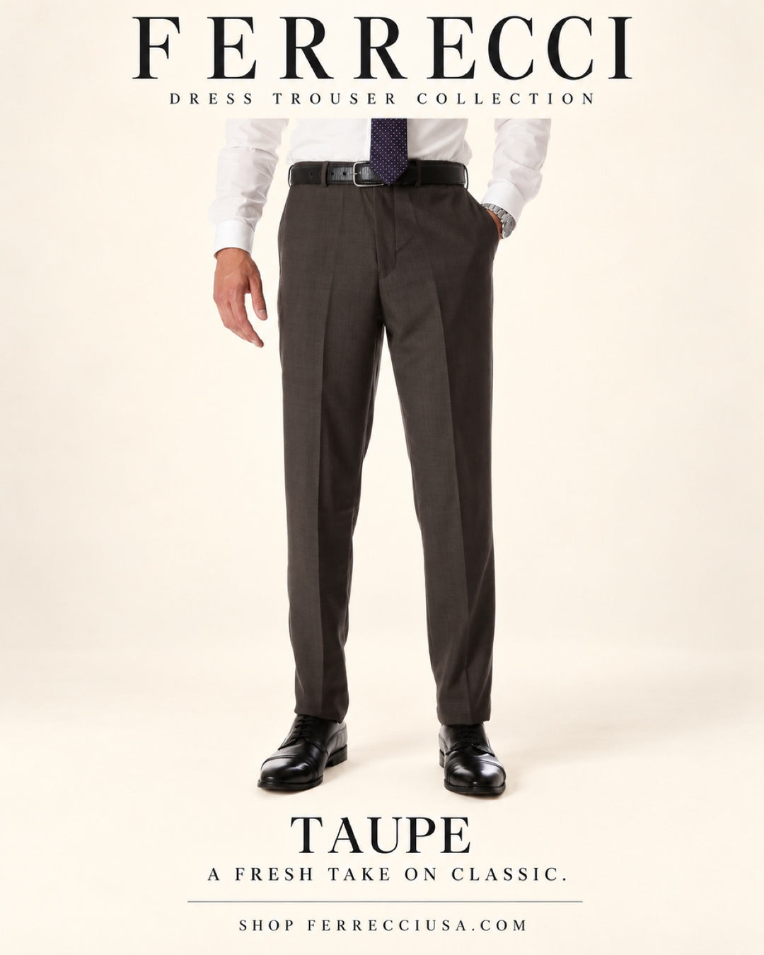 Ferrecci Ben taupe dress pants — features catalog: flat front, expandable waistband, easy care