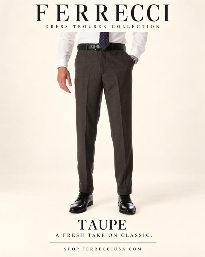Ferrecci Ben taupe dress pants — features catalog: flat front, expandable waistband, easy care