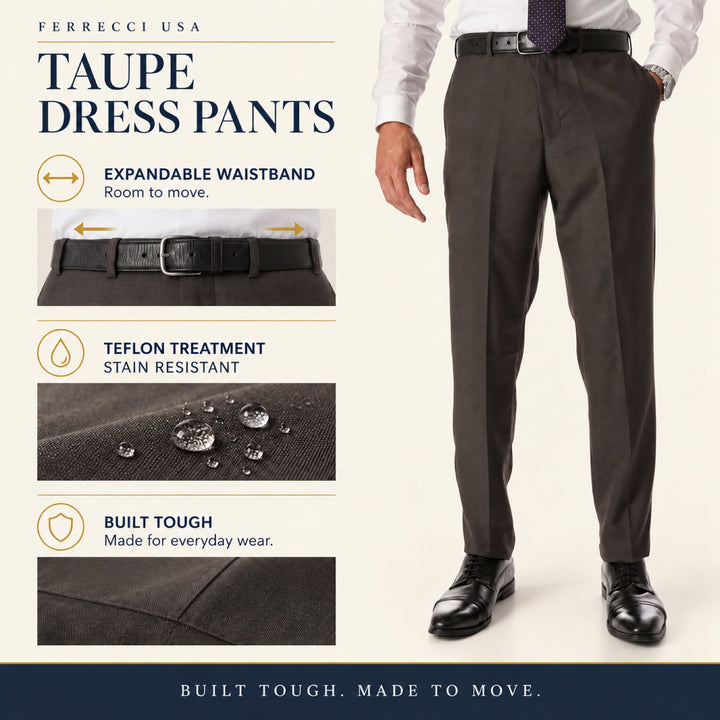 Ferrecci Ben taupe dress pants — stain-resistant Teflon finish