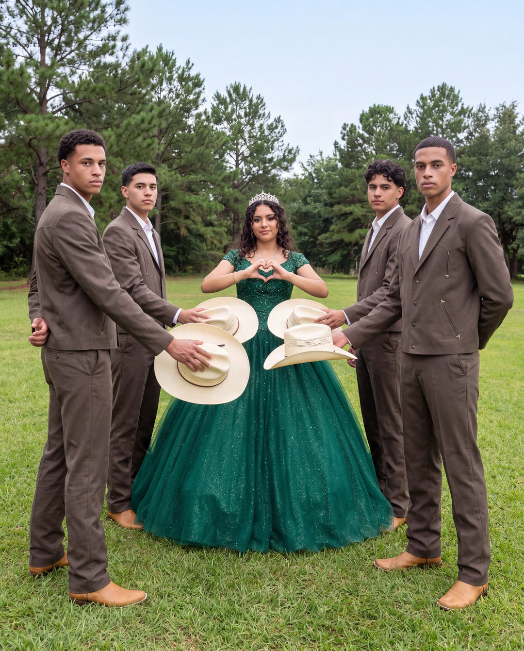 Brown western suits for a quinceañera court