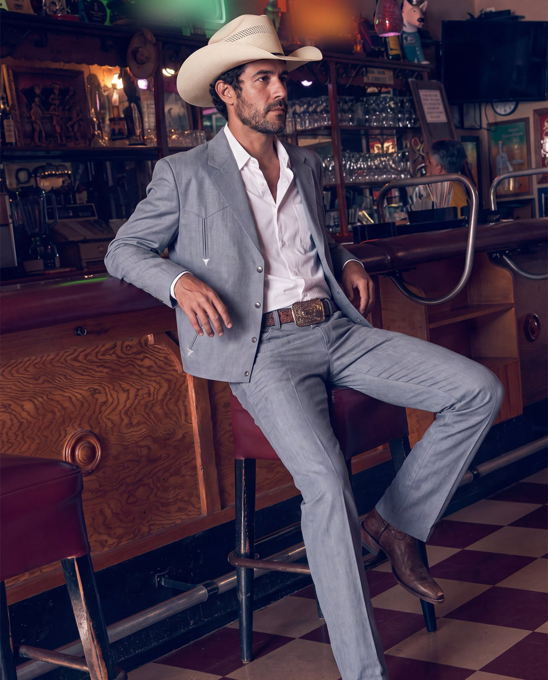 Grey western suit at the rodeo