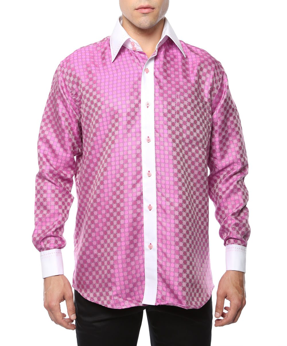 Ferrecci Hi-1020 men's fuchsia circle print satin dress shirt with high collar and French cuffs