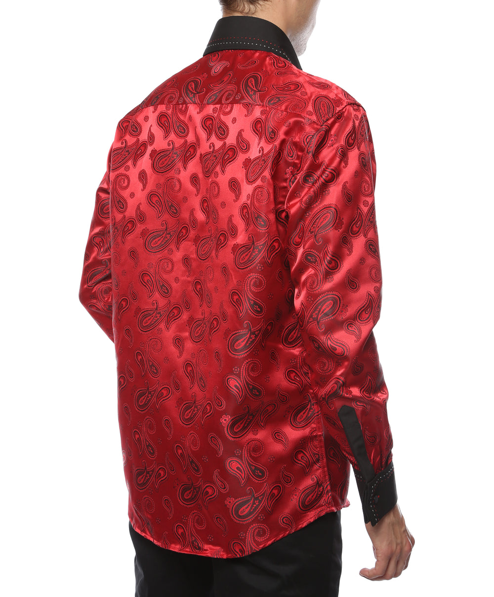 Ferrecci Hi-1012 men's red & black paisley satin dress shirt with high collar and French cuffs