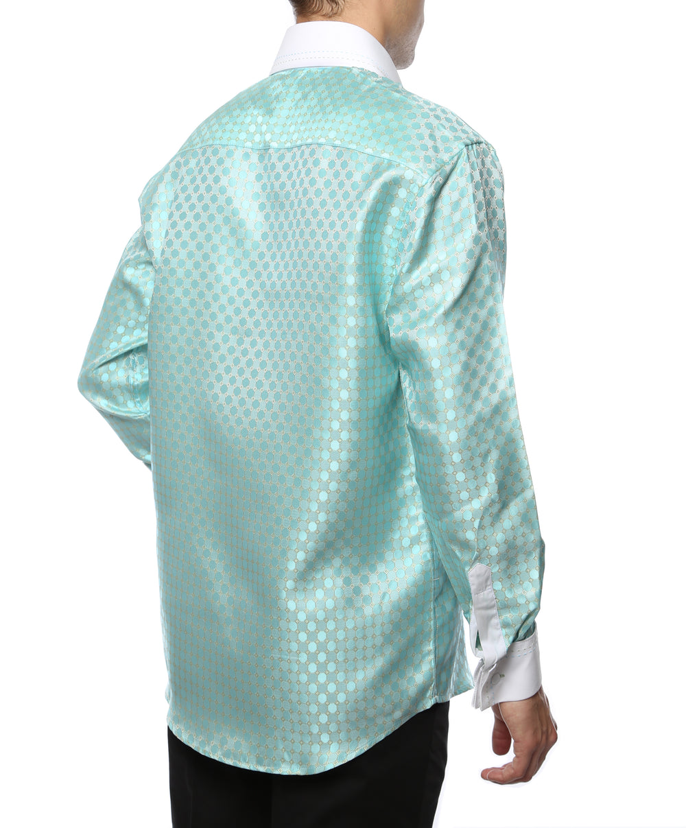 Ferrecci Hi-1004 men's turquoise circle print satin dress shirt with high collar and French cuffs