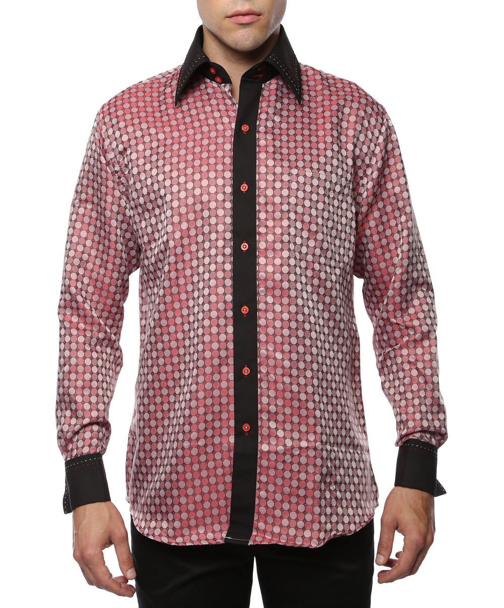 Ferrecci Hi-1028 men's red & black circle print satin dress shirt with high collar and French cuffs