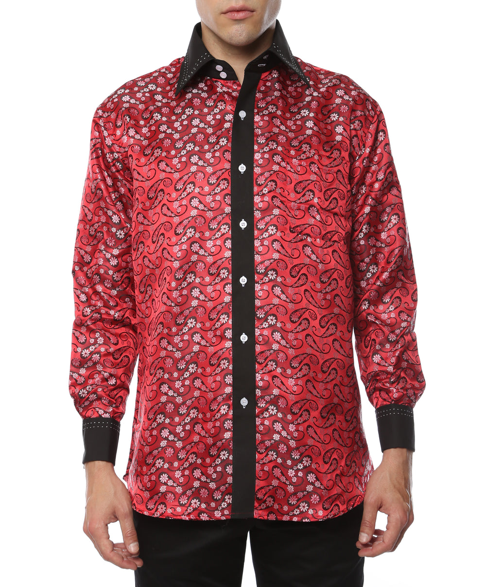 Ferrecci Hi-1015 men's red & black floral satin dress shirt with high collar and French cuffs