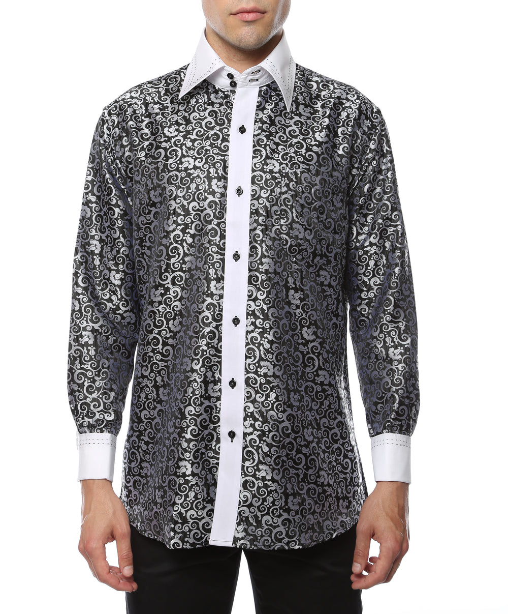 Ferrecci Hi-1006 men's black & white baroque scroll satin dress shirt with high collar and French cuffs
