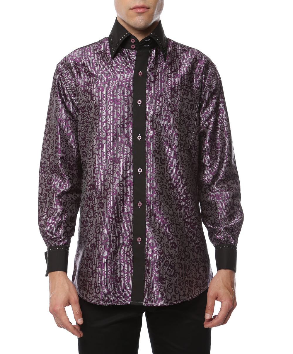 Ferrecci Hi-1007 men's purple baroque scroll satin dress shirt with high collar and French cuffs